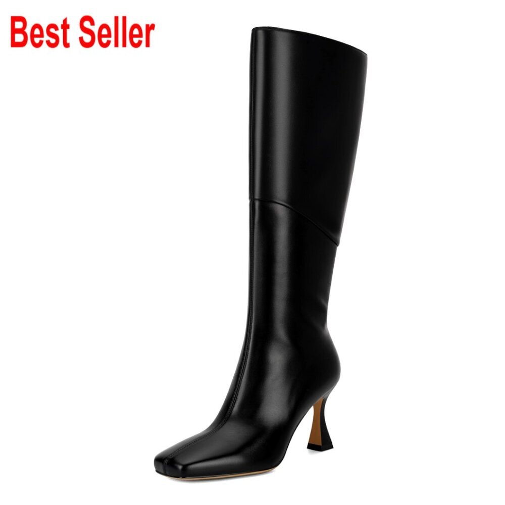 Faux Leather Knee High Boots Kitten Heel Square Toe Stiletto
